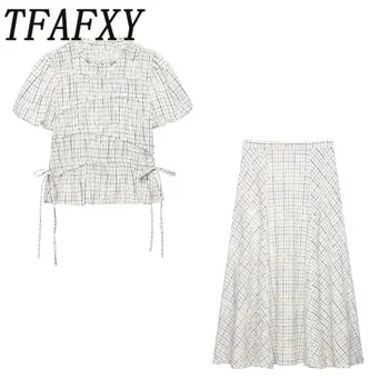 TFAFXY 2026 Summer Bow Plaid Embroidered Blouse Women Sets A-line Midi Long Skirt Suits Y2K 1