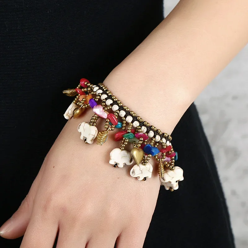 Bohemian Ethnic Style Retro Turquoise Elephant Women Bracelet Wax Rope Hand-woven Jewelry