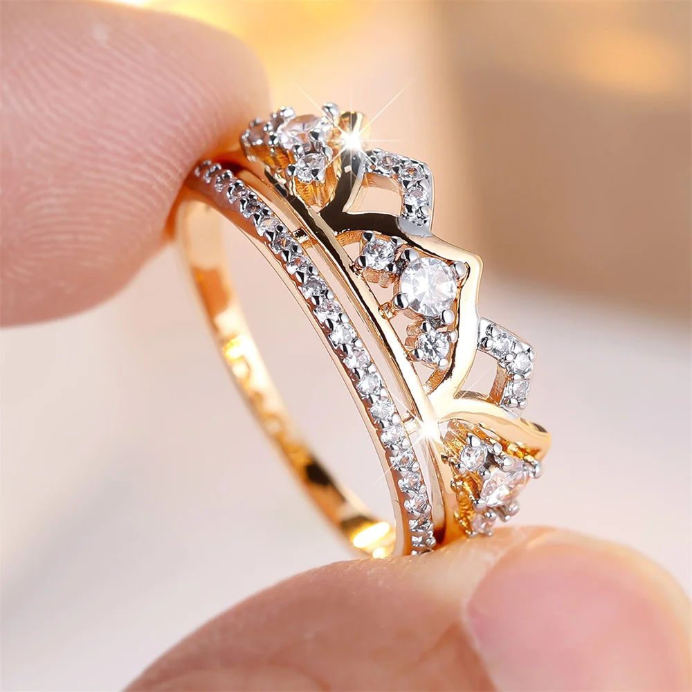 White Zircon Luxury Crystal Queen Crown Rings For Women Vintage Gold Color Engagement Ring Wedding Jewelry Bridal Birthday Gifts