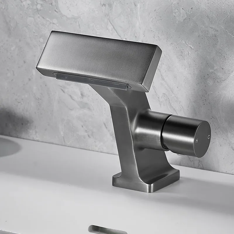 New Bathroom Basin Faucet Gray Single Lever hot and cold Waterfall Crane Brass Sink mixer Black Chrome Gray Tap
