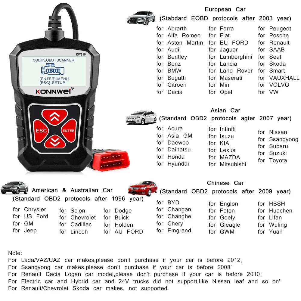 2025 KONNWEI KW310 OBD2 Scanner Auto Diagnostic Tools OBDII EOBD Code Reader For 12V Car DiagnosIs PK CR3001 CR3008  ELM 327 6