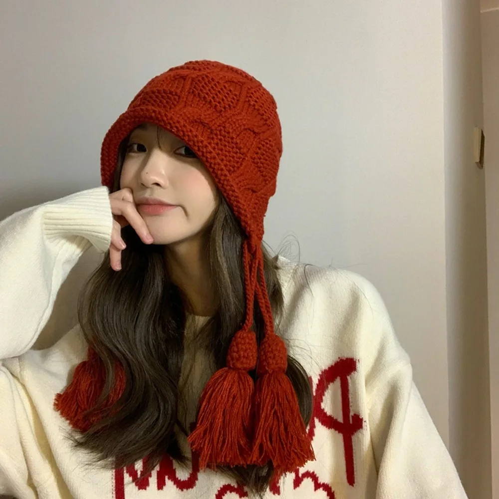 

Wool Knitted Hat Cute Warm Tassel Pullover Hat Handmade Windproof Ear Protection Hat Autumn and Winter