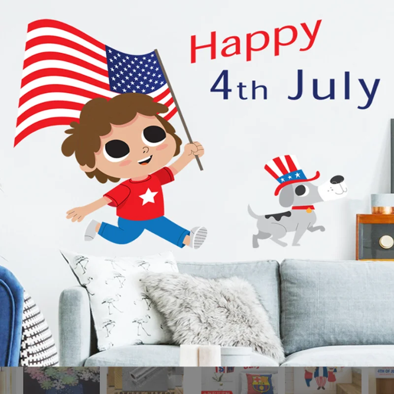 Independence Day Little Boy Sticker DIY Window Bedroom Study Living Room Background Decor Scene Wall Static Stickers 45*60cm