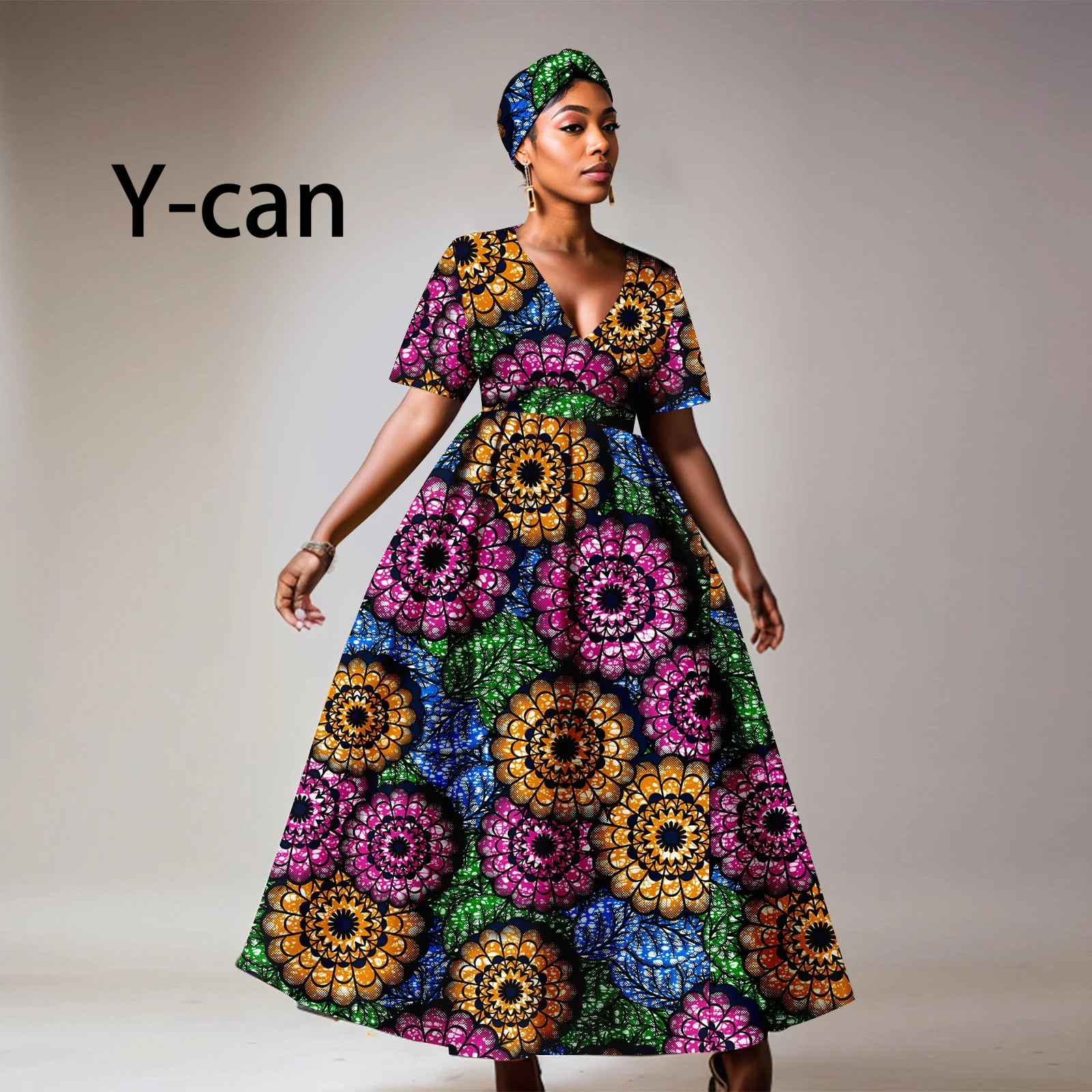 

African Party Dress for Women V-neck Dashiki Print Vestidos Ankle Length Bazin Riche Lady Wedding Prom Causal Outfits Y2325096