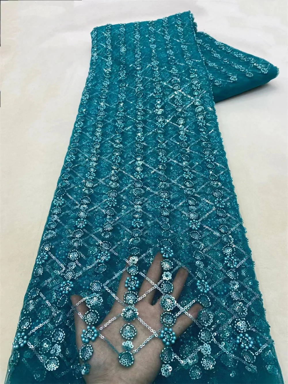 

Teal Green Embroidered Lace Fabric Fashion African Heavy Beaded Lace Fabric High Quality Lace Fabric For Wedding 2024 Wp454-1