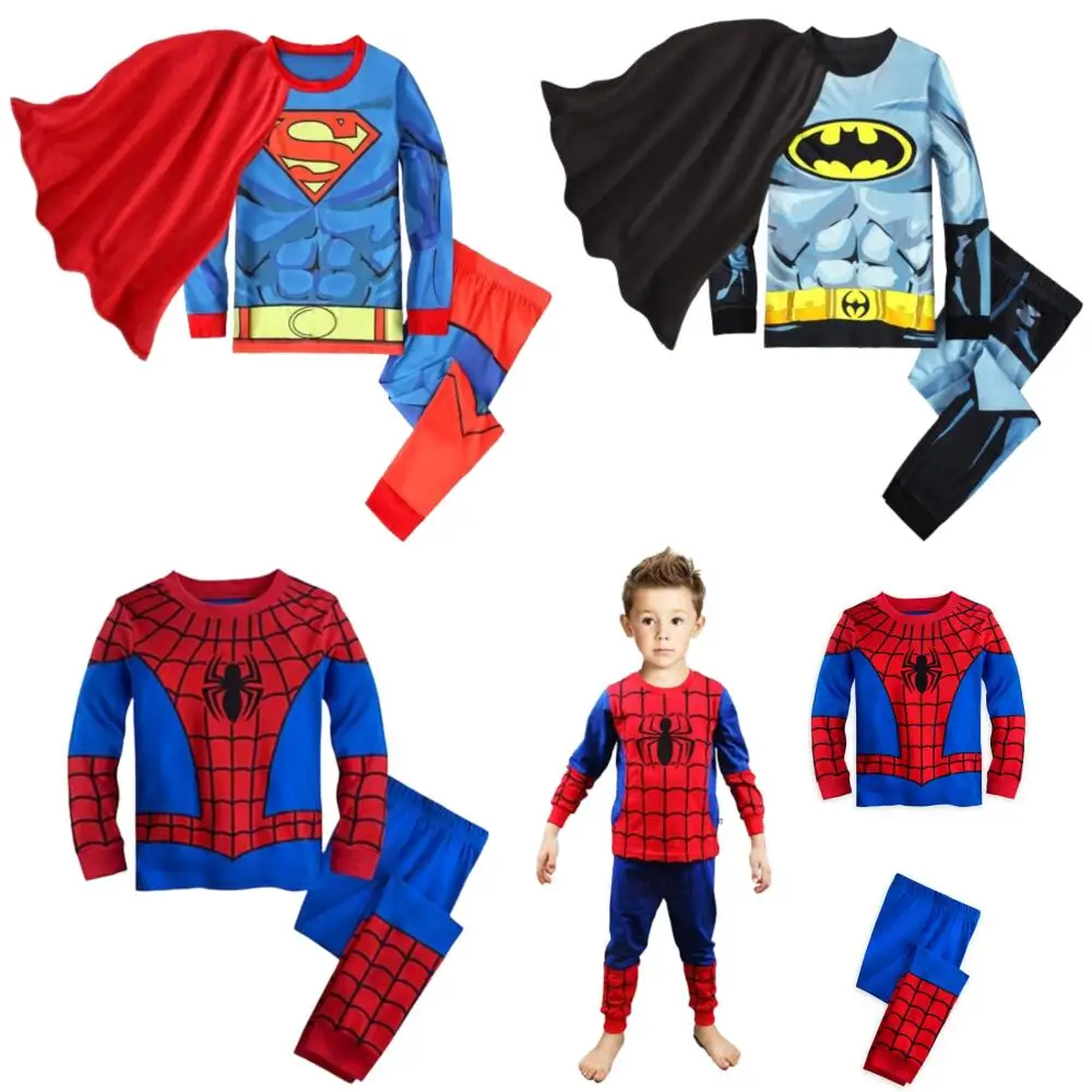 Kids Pajamas Set Children Super Hero Captain America Batman Cosplay Pajamas Cartoon Spider-Man Long Sleeve Top+Pant+Cape Suit 2-8T Baby Sleepwear
