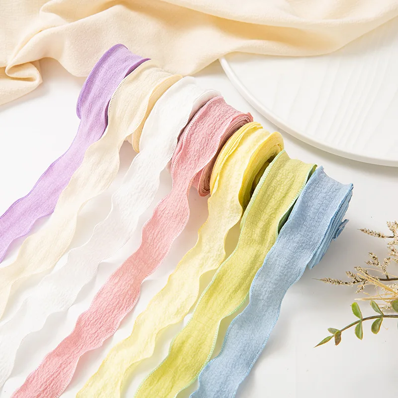 Elegant Wrinkled Lace Edge Silk Ribbon - 10 Yards for DIY Crafts and Decorative Projects