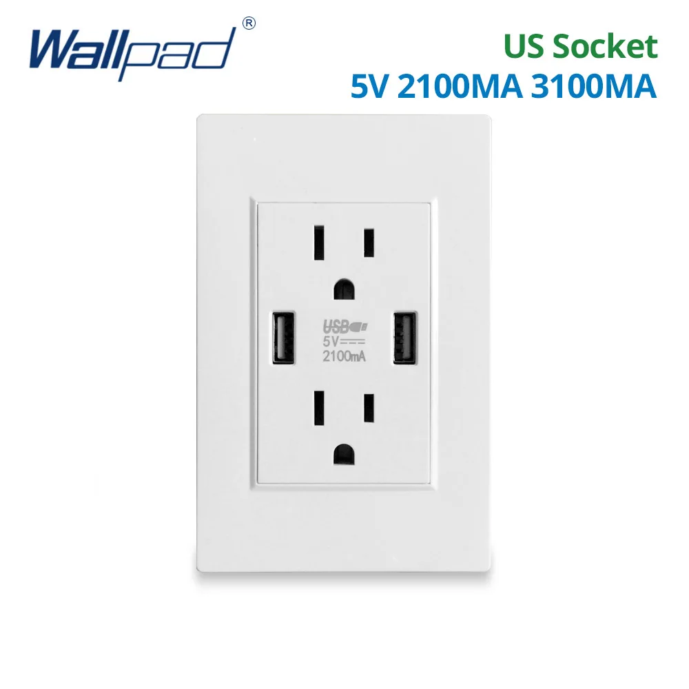 US Socket With 2 USB Port Charger 5V 2100mA 3100MA White Wallpad Luxury Wall Double USB Electric Power Outlet PC Panel 15A