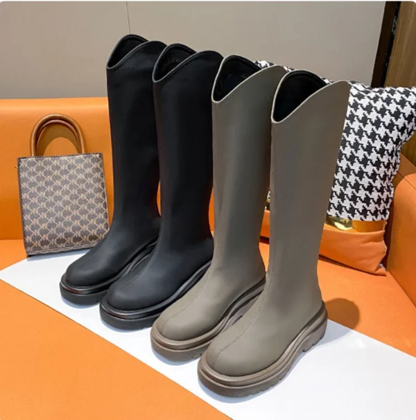 Lange Beine und mollige, neue MM2024-Ritterstiefel mit mattem Finish, nicht über das Knie reichende, warme Damenstiefel mit V-Ausschnitt und dicker Sohle_voghion.com