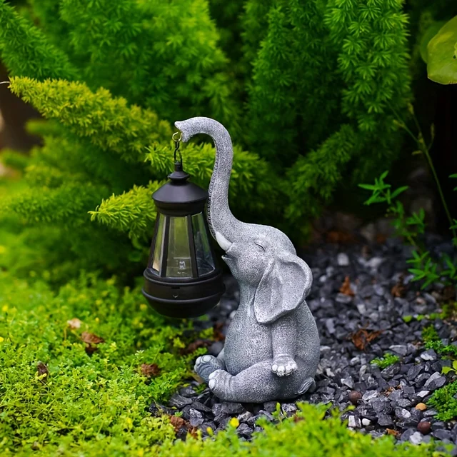 Solar Gray Elephant Garden Sculpture 1