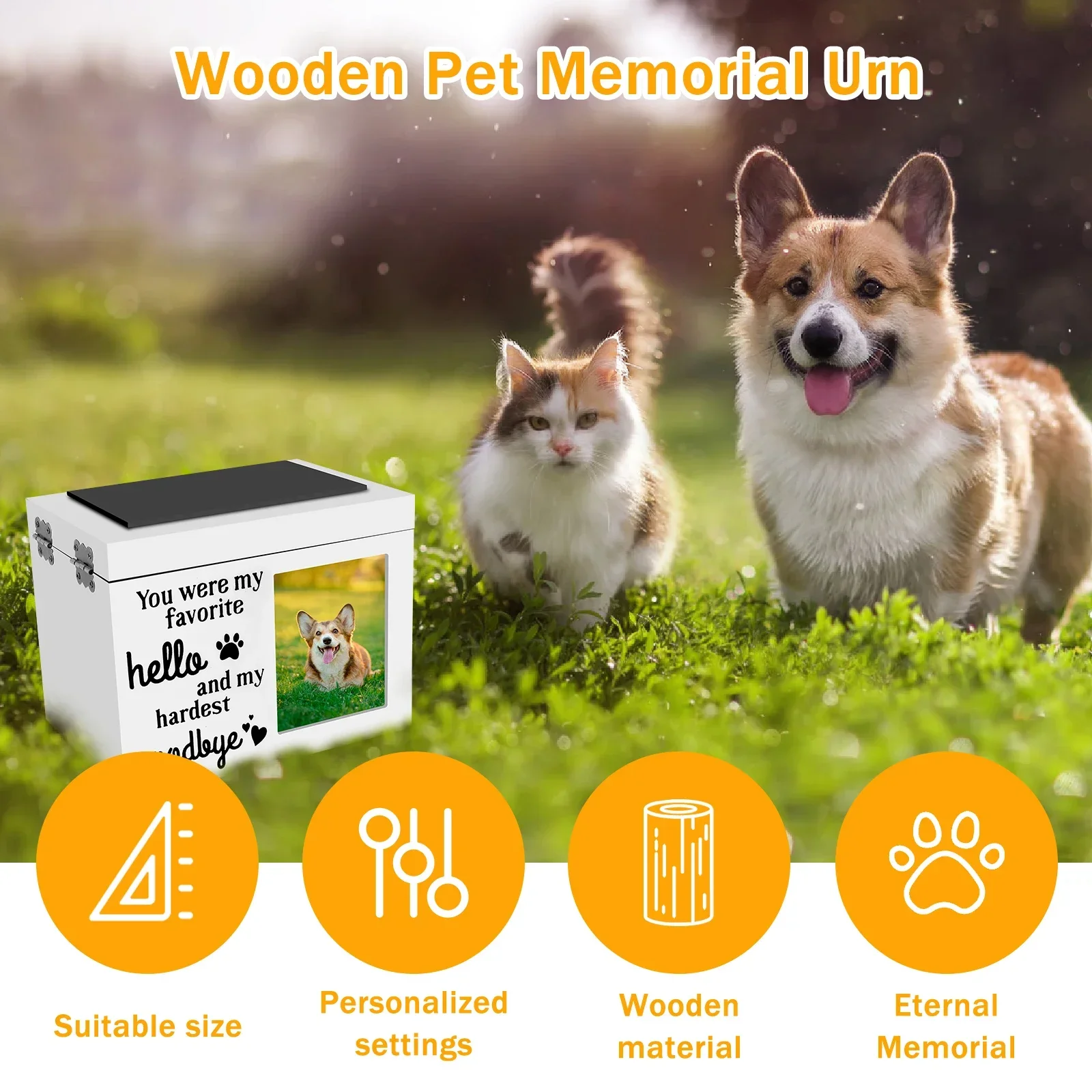 Wood Pet Memorial Urn Dog Cremation Urn Photo Frame Key and Lock Personalized Pet Keepsake Memory Box for Dog or Cat Ashes