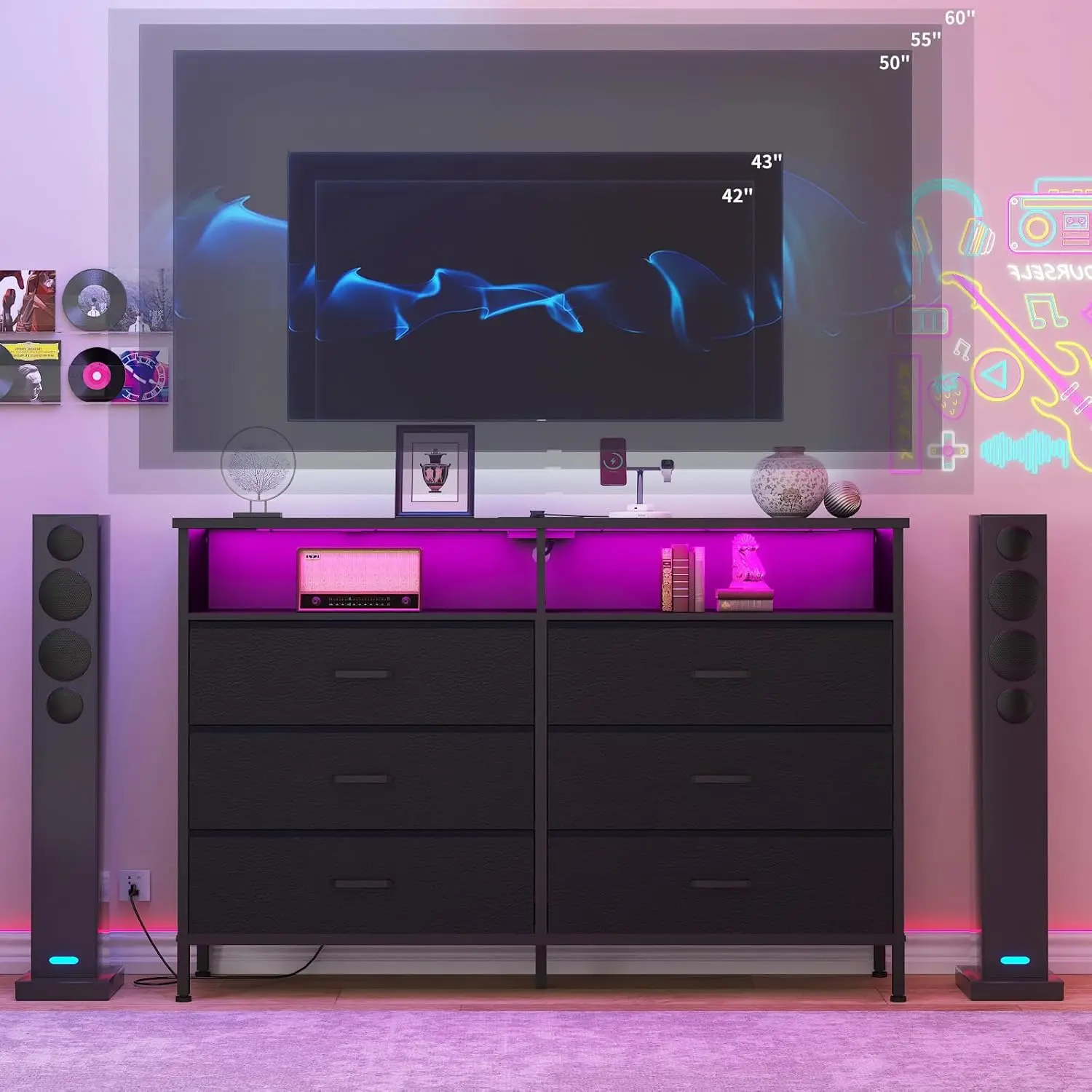 Dresser for bedroom, Fabric Black Bedroom Dresser with LED Lights and Charging Station, 6 Long Drawers Dresser, Tall Wide Chest 5