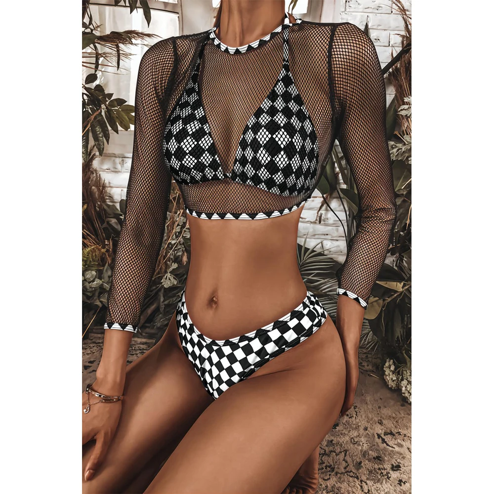 

2023 Newest Sexy 3 Piece Swimsuit Women Long Sleeve Mesh Plaid Bikini Set Lace Up Swimwear Bathing Suit Woman Bikini Set