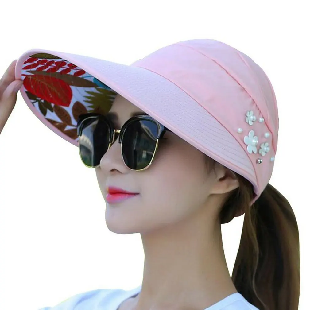 Dihope New Arrival UV Protection Women Summer Beach Sun Hats Pearl Packable Sun Visor Hat With Big Heads Wide Brim Female Cap