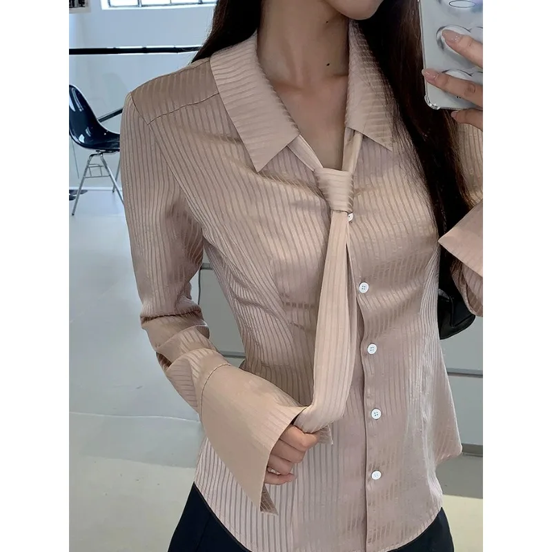 QWEEK Pink Striped Shirts Korean Style Elegant Aesthetic Women's Blouses Gyaru Slim Japanese Long Sleeve Vintage Top Office Wear qweek korean zip oversized dress women kpop casual zipper solid striped long sleeve loose midi dresses 2023 autumn