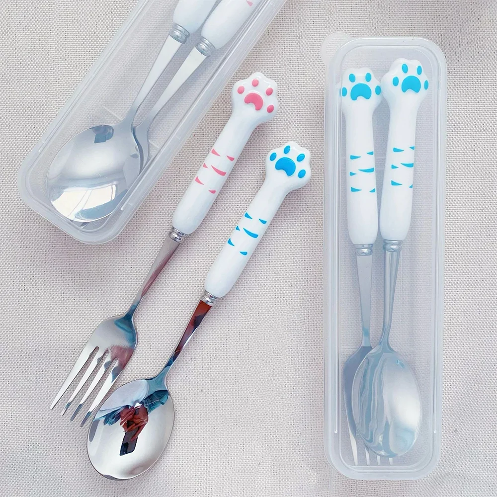 Stainless Steel Cutlery Set Fork Spoon Set Stainless Steel Spoon and Fork Set with Storage Box Portable Tableware Cute Cat Paw Shaped Dinnerware Kit for Adults Kids School