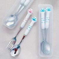 Stainless Steel Spoon and Fork Set with Storage Box Portable Tableware Cute Cat Paw Shaped Dinnerware Kit for Adults Kids School 1
