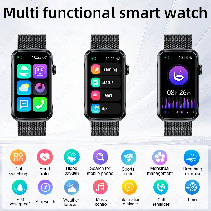 LIGE Men Smart Bracelet Women Smartwatch Ladies Heart Rate Blood Oxygen IP68 Waterproof Sports Smart Band Watch For Android IOS