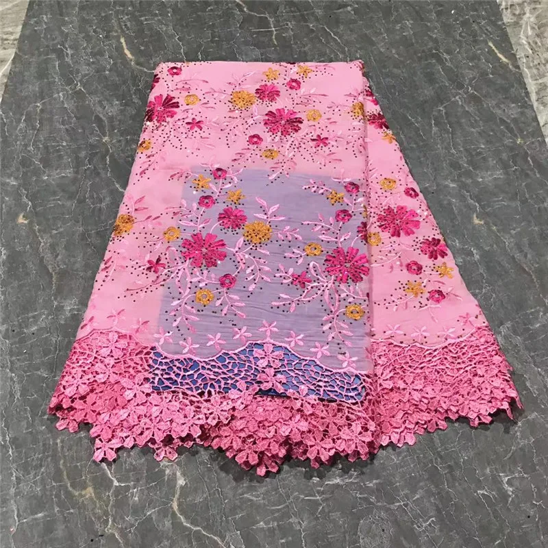 

5 yard Swiss lace fabric heavy beaded With diamond embroidery African 100% cotton Swiss voile lace popular Dubai style PL080704
