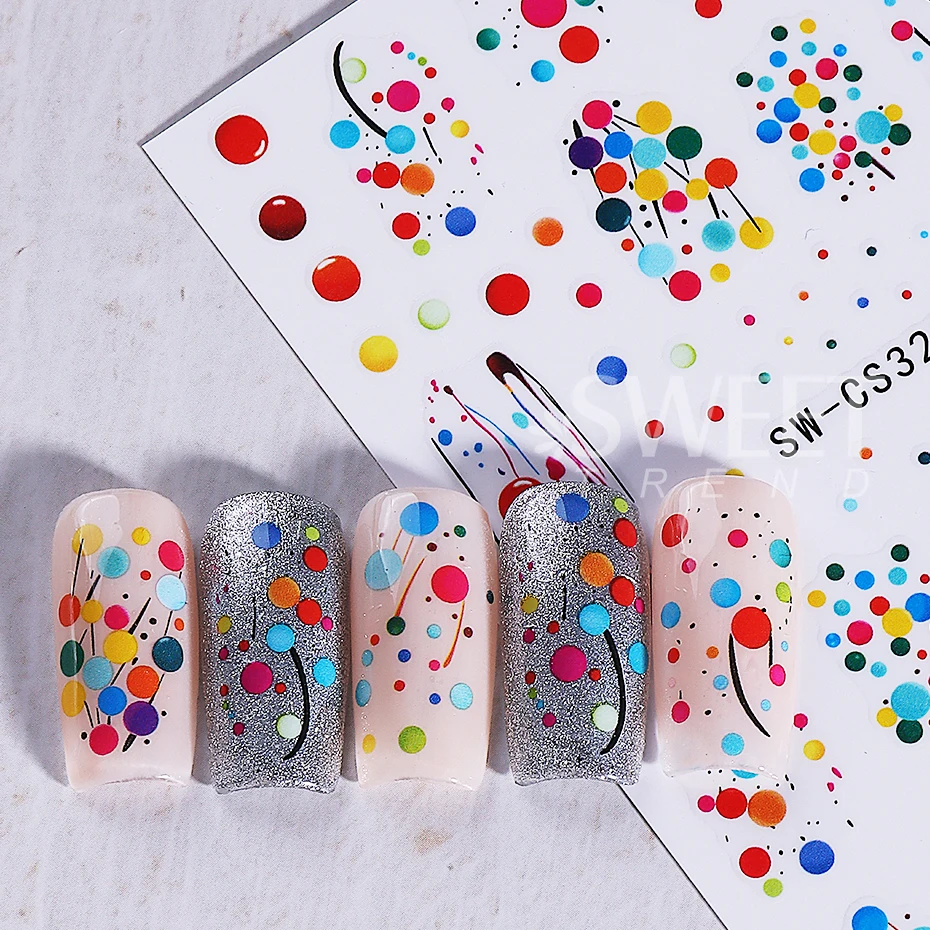 2pcs Graffiti Nail Art Stickers 3D Colorfull Round Dot French Line Design Adhesive Nail Decals Sliders DIY Manicure Decoration