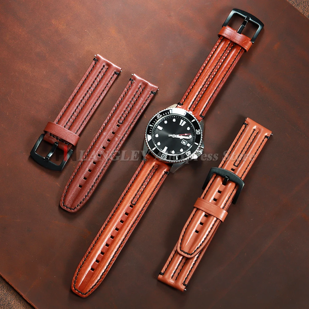 Vintage Genuine Leather Watch Band Straps - Premium Cowhide Double-Stitched Design, Unisex Fashion Accessory