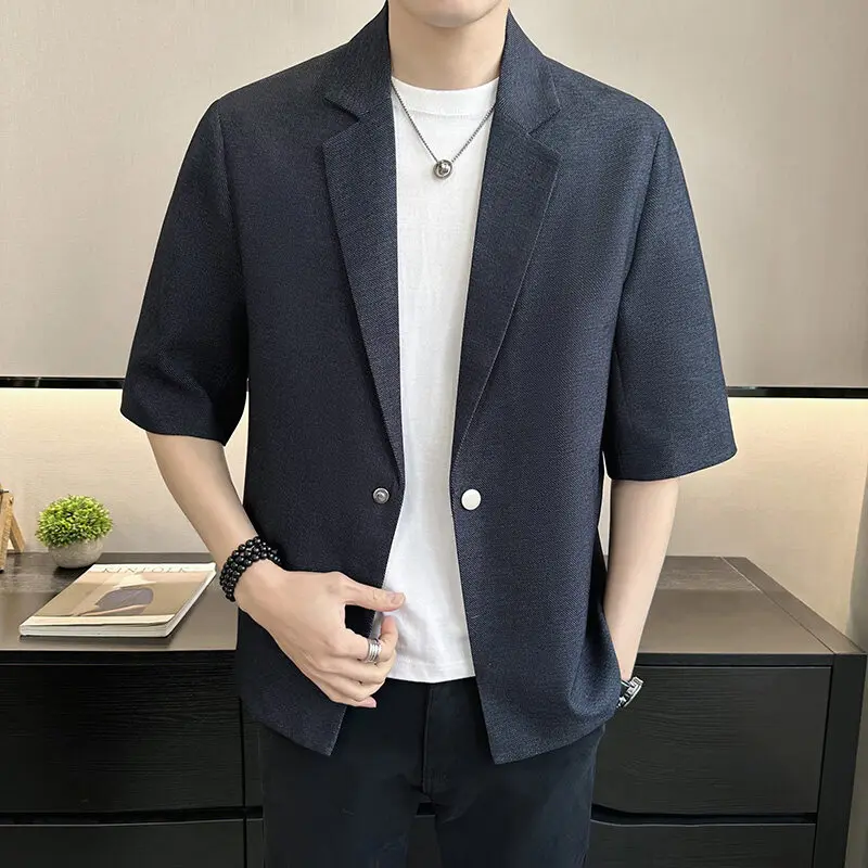 Summer Men's Half Sleeve Blazer Jackets Korean Style Casual Thin Suit Coat Solid Outerwear Handsome Blazers for Man