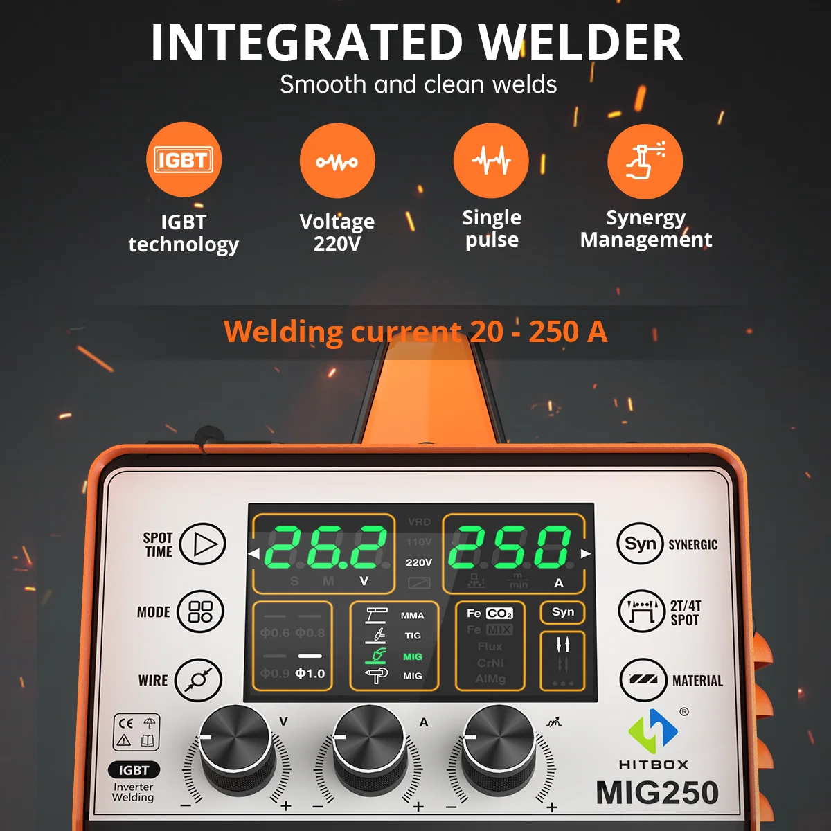 HITBOX 5 in 1 Welder MIG250II MMA Lift TIG Gas/Gasless MIG Aluminum Welder Digital screen pulse Support Wire Drawing Gun