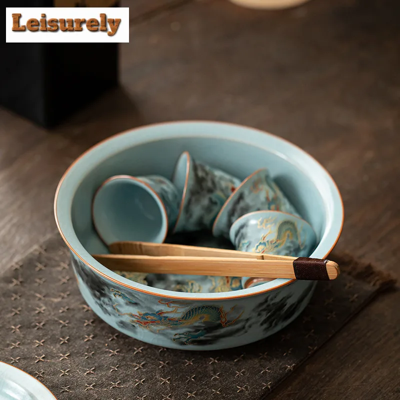 900ml Ru Kiln Auspicious Dragon Jianshui Tea Wash Bowl Tea Residue Bucket Household Chaxi Drinkware Accessories Decoration Craft