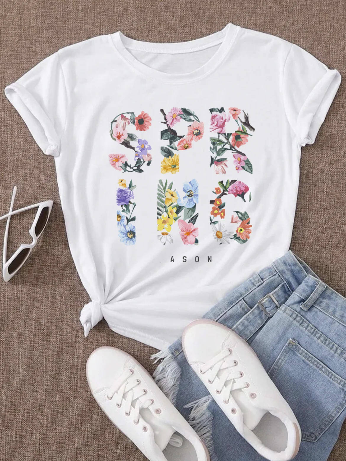 

Женская летняя футболка с принтом, свободная футболка с коротким рукавом и круглым вырезом, с надписью и цветочным принтом, красивый топ с принтом