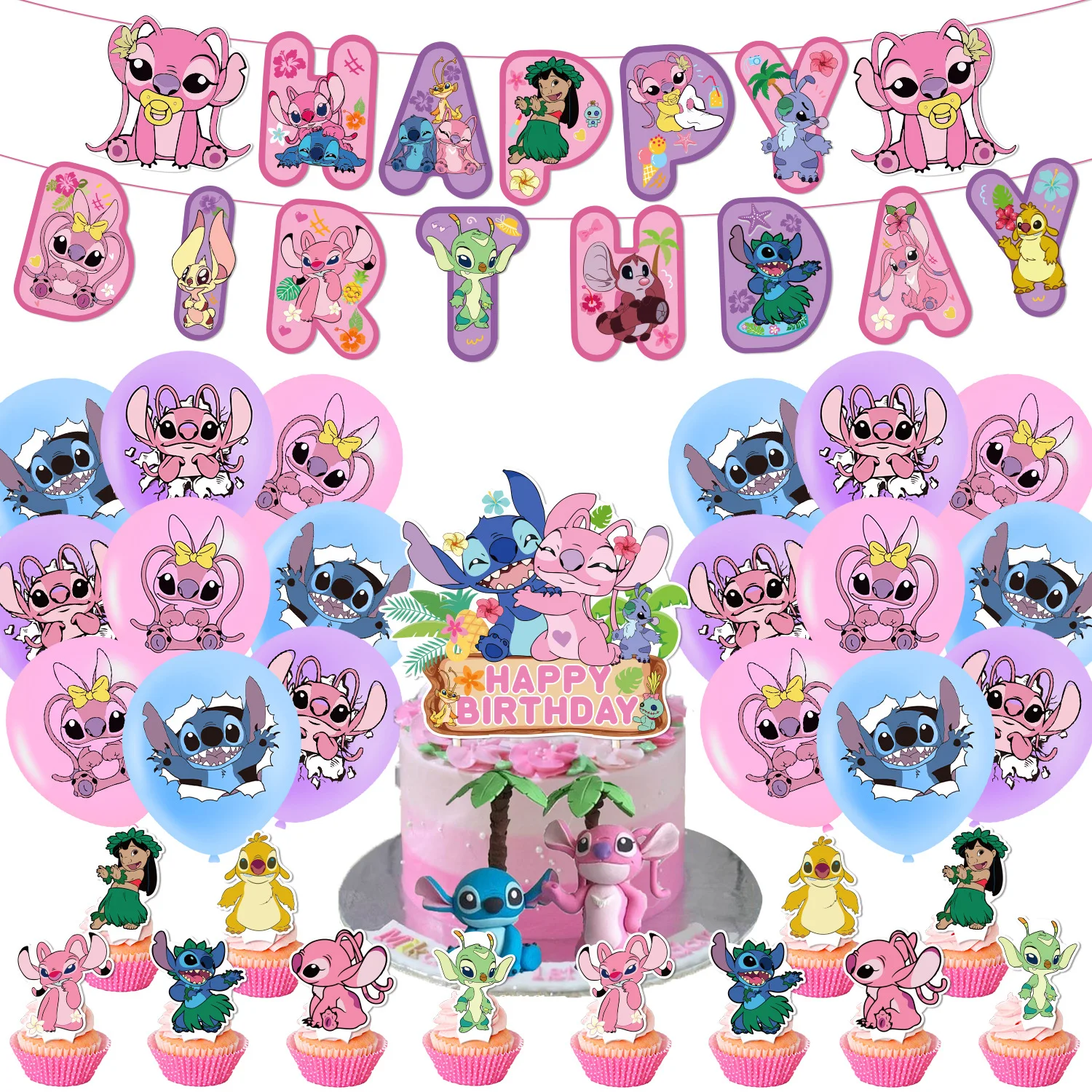 

33pcs Disney Pink Lilo & Stitch Theme Birthday Party Decoration Banner Cake Toppers Balloon For Kids Girls Baby Shower Supplies