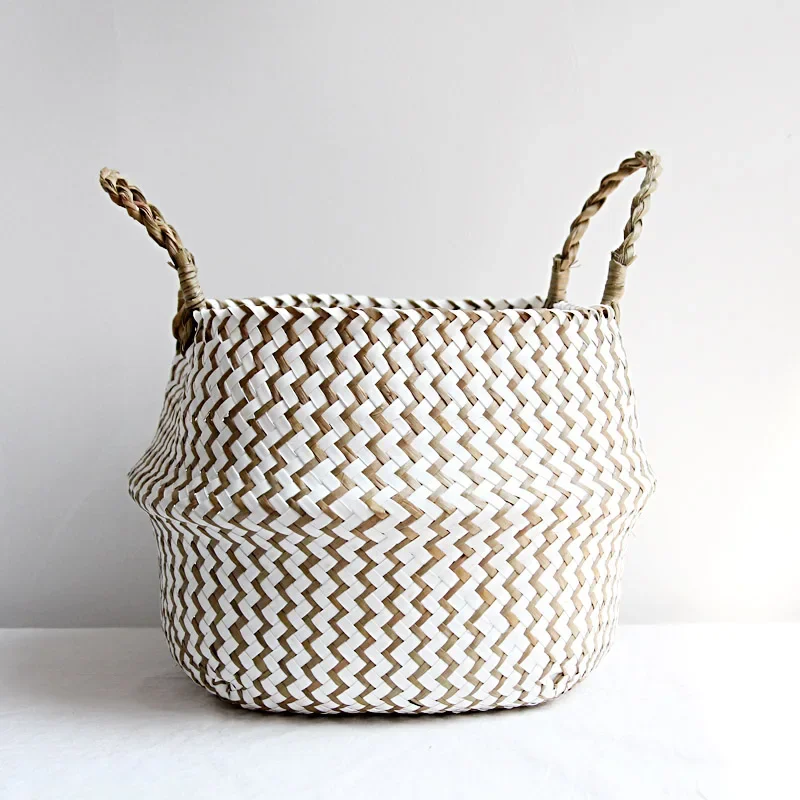 Handmade Boho Striped Wicker Basket - Collapsible Patchwork Design for Home Decor and Storage