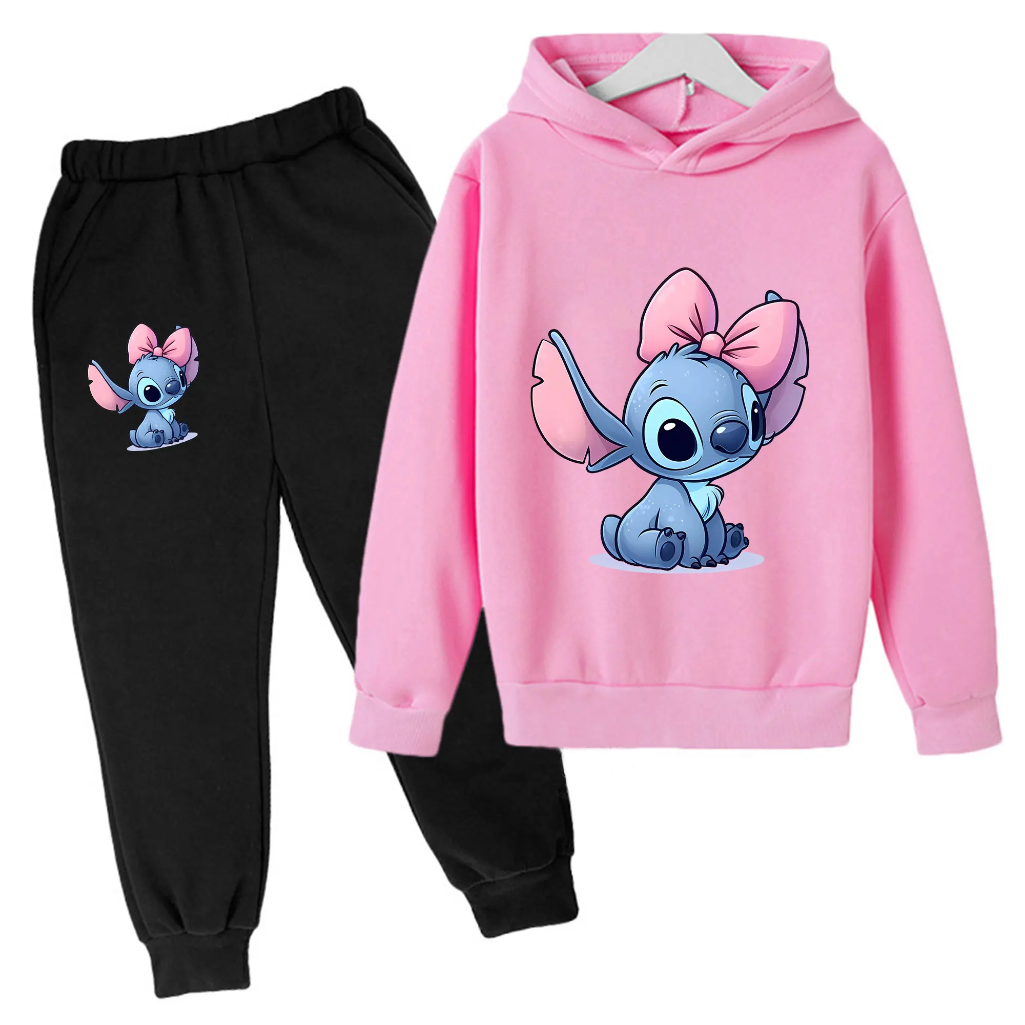 thumbnail image 1 of Sudaderas con capucha de Disney Stitch para niñas, conjuntos de ropa para niños, camisetas y pantalones para niñas, 2 piezas, conjuntos de chándal para niños, 1 of 5