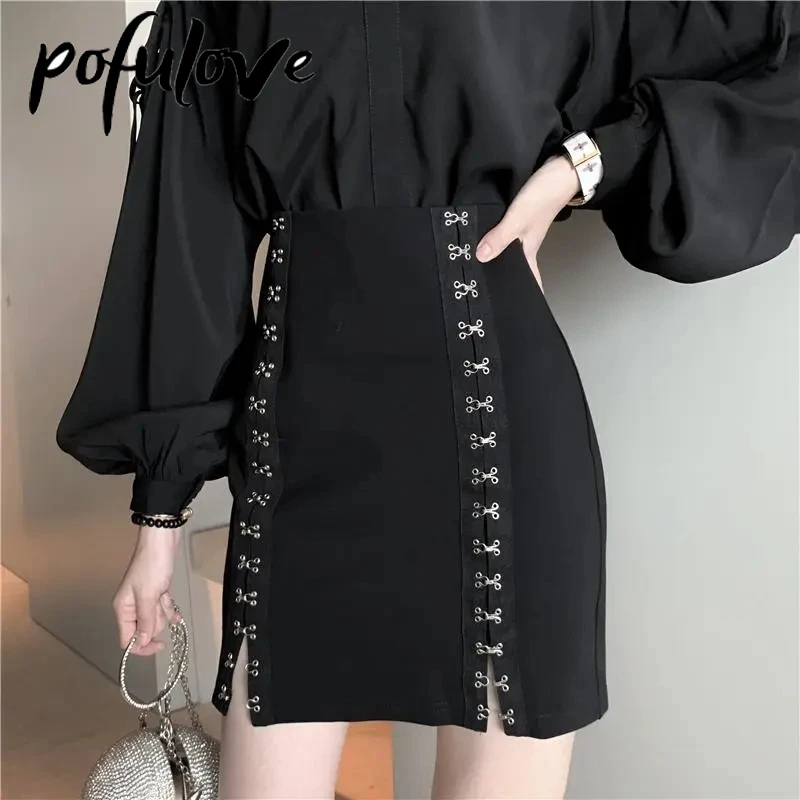

Gothic Skirt Woman Black Y2k Punk Mini Skirts Sexy High Fashion Metal Button Bandage Bodycon Slim Pencil Streetwear Skirt