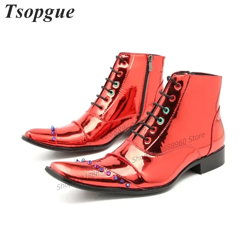 

Мужские туфли с перекрестной шнуровкой, красные металлические кожаные туфли с заклепками, модельные повседневные праздничные туфли на боковой молнии