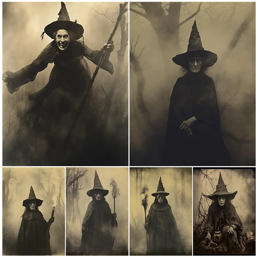 Creepy Dark Witch Portrait Photo,Vintage Wall Art,Canvas Painting，Victorian Forest Witch Photography Art,Poster Print Home Decor