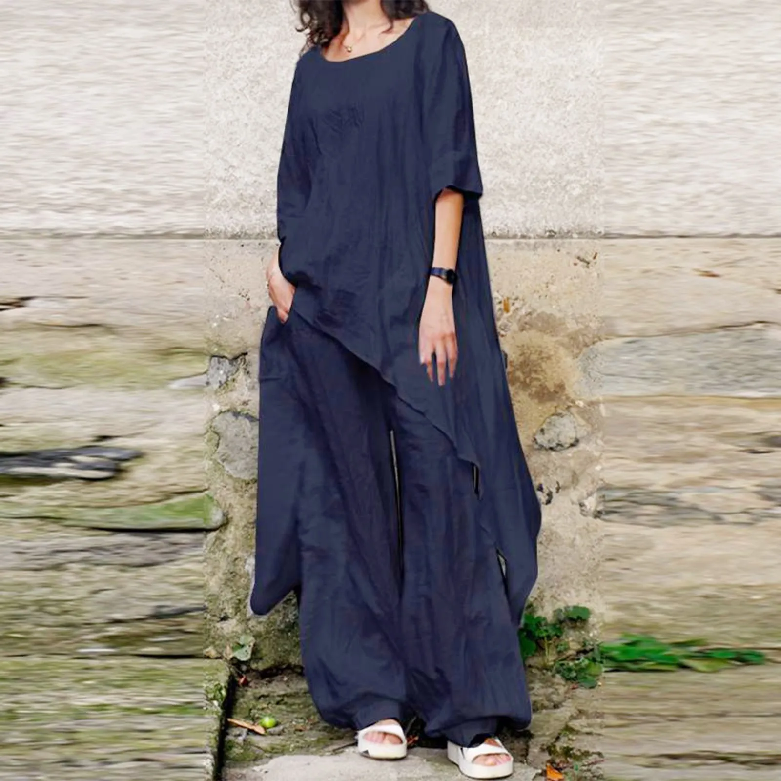 Women's Solid Color Casual Loose Fitting Top With Asymmetric Hem Round Neck 3/4 Sleeves Cotton Linen Blouse Women Winter Apparel