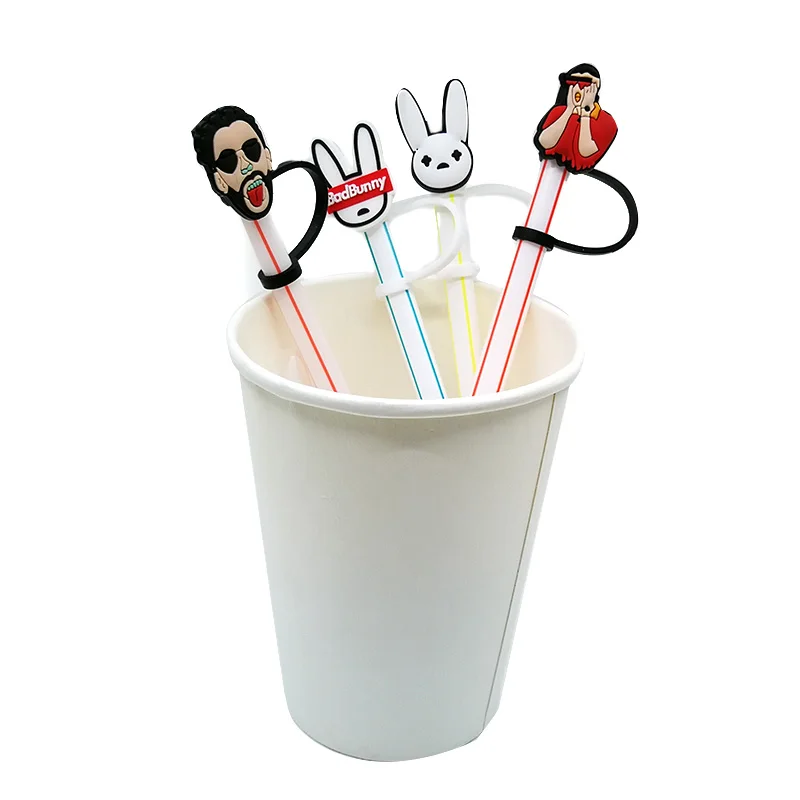 PVC 나쁜 토끼 빨대 토퍼, 재사용 가능, 유출 방지, 음료 컵, 방진 장식, 크리에이티브 레인보우 빨대 커버, 8 개