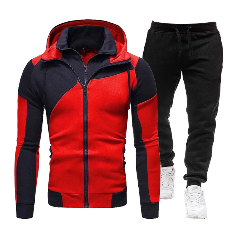 2024 New Men'S Zipper Jacket Hoodie + Trousers 2-Piece Set Casual Fitness Jogging Sportswear Suit Hip-Hop Street Splicing Jacket