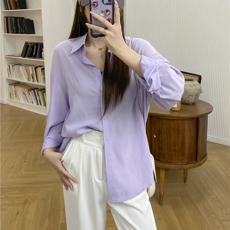 DAYIFUN 2024 Lapel Shirts Women New Solid Color Loose Medium Length BF Blouses Lazy Style Long Sleeved Blusas Coats Female Tops