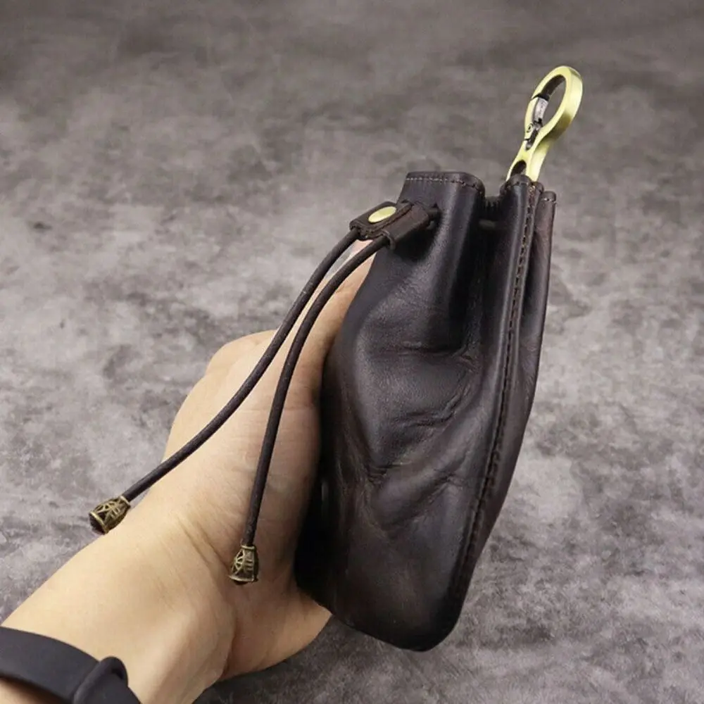 Coin Purse Coin Wallet Upper Leather Coin Purse Pouch Simple Retro Solid Color Car Key Bag Drawstring Wallets Men