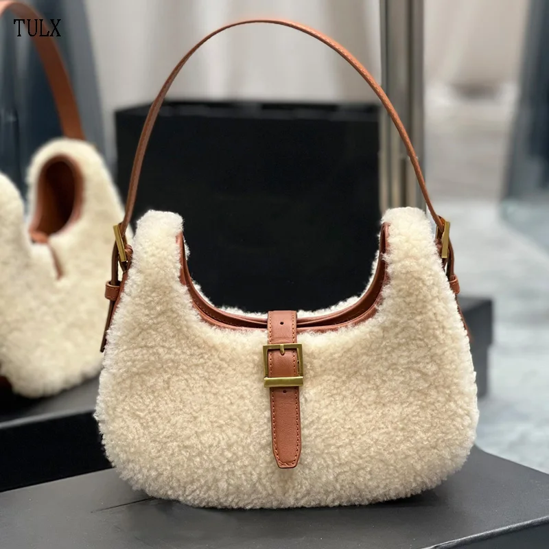 

TULX Wool Plush Women Zipper Handbags 2024 Stylish Brown Ladies Shoulder Bags Versatile Underarm Bags Moon bag