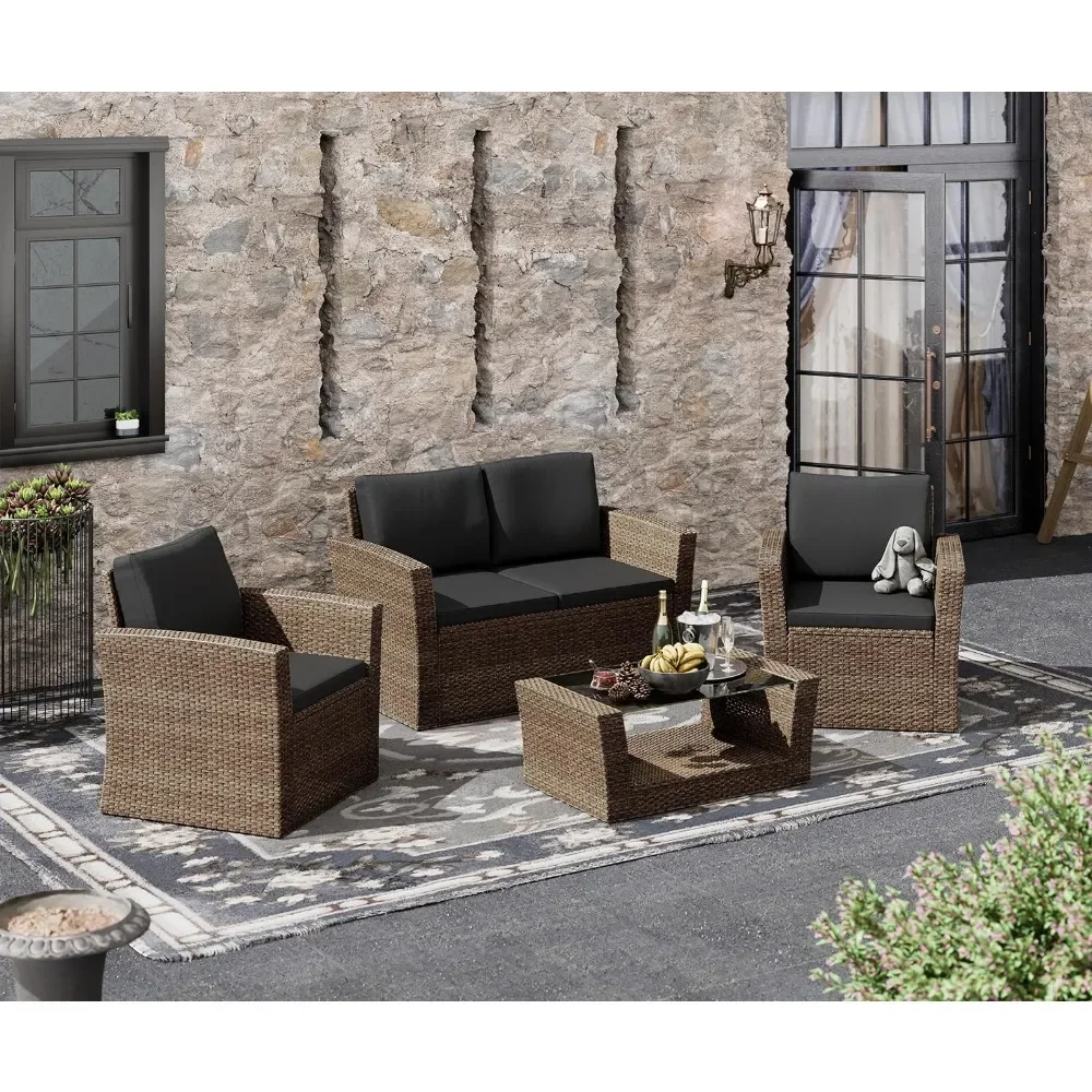 Outdoor Sofa Sets, 4PCS Patio Furniture Set, Outdoor Conversation Sets with Rattan Chair Table, Outdoors Garden Sofas Sets 2