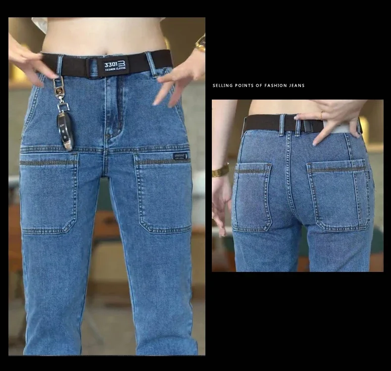 2024 New Korean Men Skinny Jeans Y2k Vintage Blue Cargo Denim Pants Pockets Man Casual Streetwear Jeans Trousers Clothing