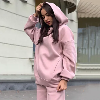 Two Piece Set Casual Fleece Tracksuit Women Winter 2026 Women's Sets Oversized Hooded Long Sleeve Hoodie Sport Pants Lady Suit 1