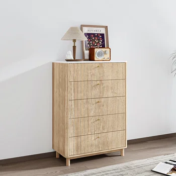 ตู้ลิ้นชัก 5 ชั้น ลายไม้ หน้าท็อปลายหินอ่อน สำหรับห้องนั่งเล่น ห้องนอน ตู้สูง ตู้เก็บของ 2