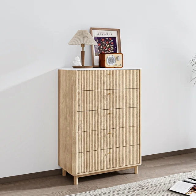 ตู้ลิ้นชัก 5 ชั้น ลายไม้ หน้าท็อปลายหินอ่อน สำหรับห้องนั่งเล่น ห้องนอน ตู้สูง ตู้เก็บของ 2