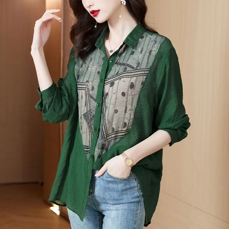 Summer Women's Clothing Printed Spliced Vintage Blouse Spring Elegant Fashion Temperament Long Sleeve Button Shirt for Female