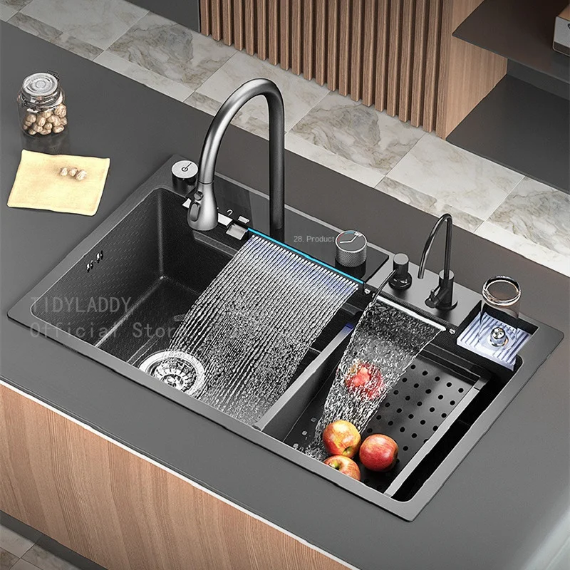 Lavello Cucina Singolo A Cascata Con Rubinetto Estraibile - Acciaio Inox 304, Include Tagliere E Accessori - Foto 4