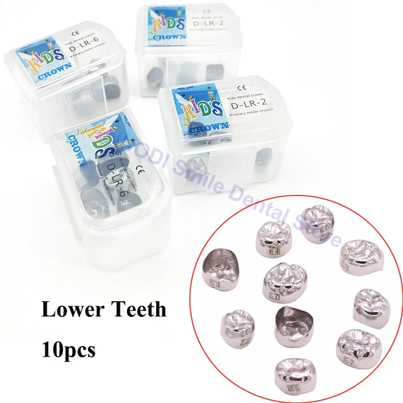 

10Pcs/2box Lower Kids Teeth Crowns Dentistry Material Dental Preformed Baby Primary Molar Crown Stainless Steel Temporary Crowns