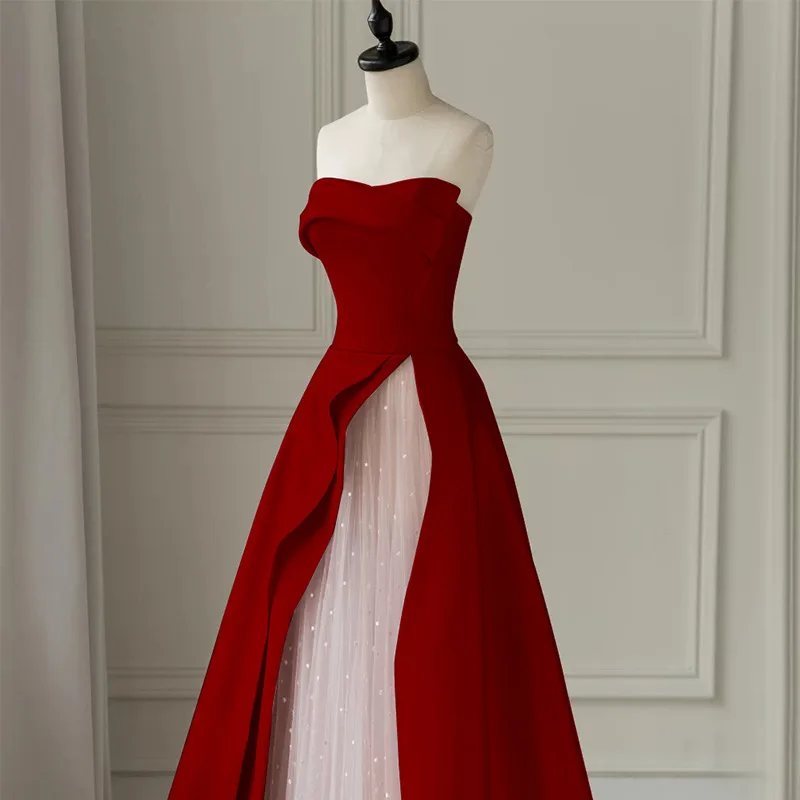 

HA 120 Toast dress bride wine red one shoulder tube top evening dress women's long dress